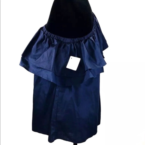 Navy Blue One Shoulder Double Ruffle Top - Picture 2 of 8